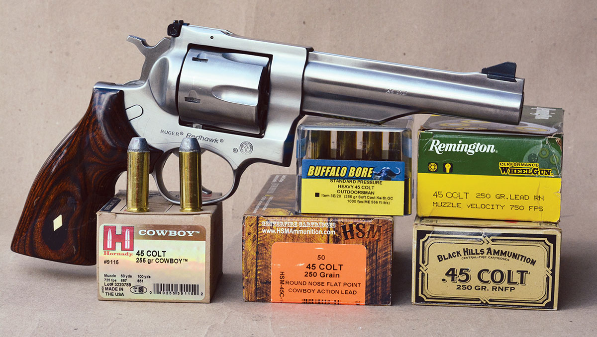 The Ruger Redhawk in 45 Colt is a large frame, super-strong double-action sixgun with stainless-steel construction.